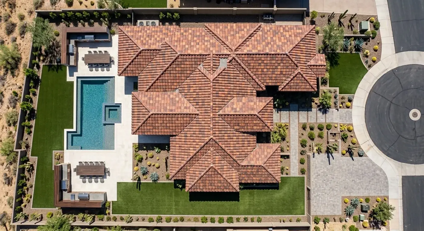 Aerial view of an Arizona home with a new tile roof